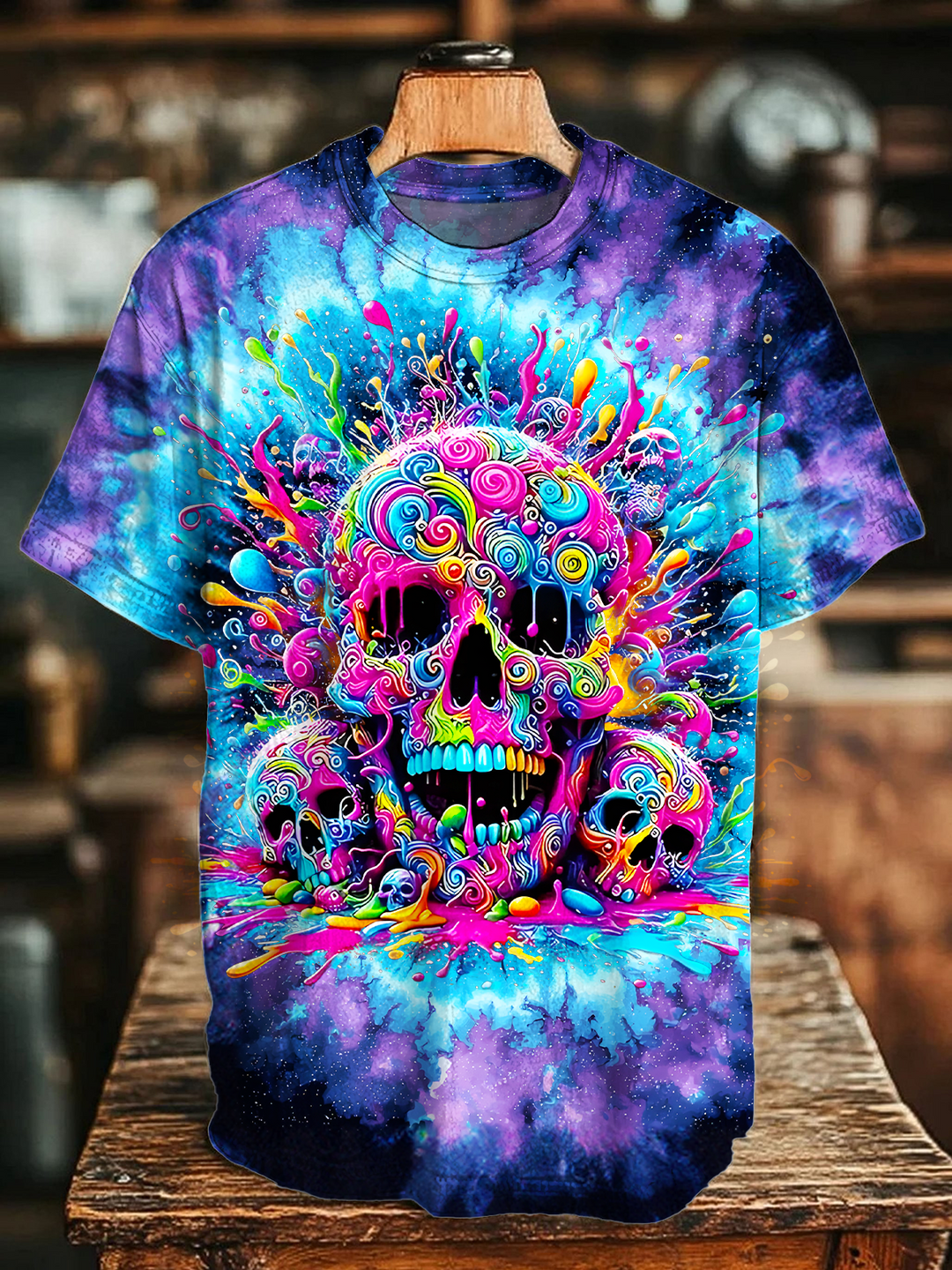 Tie-dye Horror Skull Crew Neck T-shirt