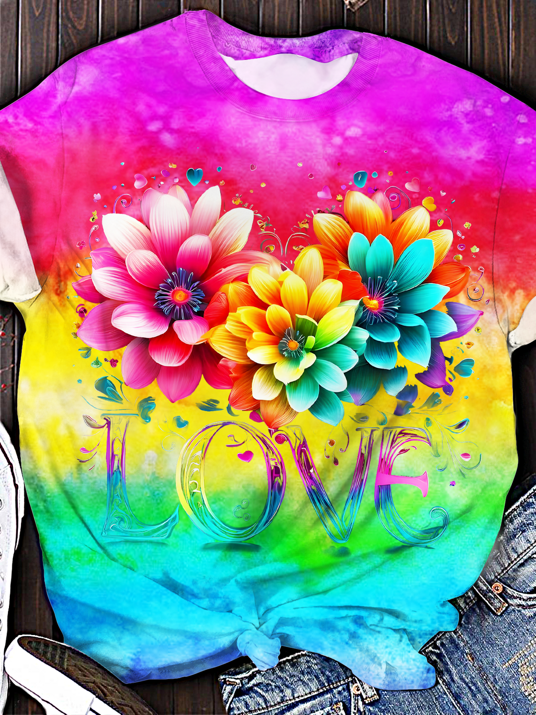 Tie Dye Hippie Floral Love Crew Neck T-shirt