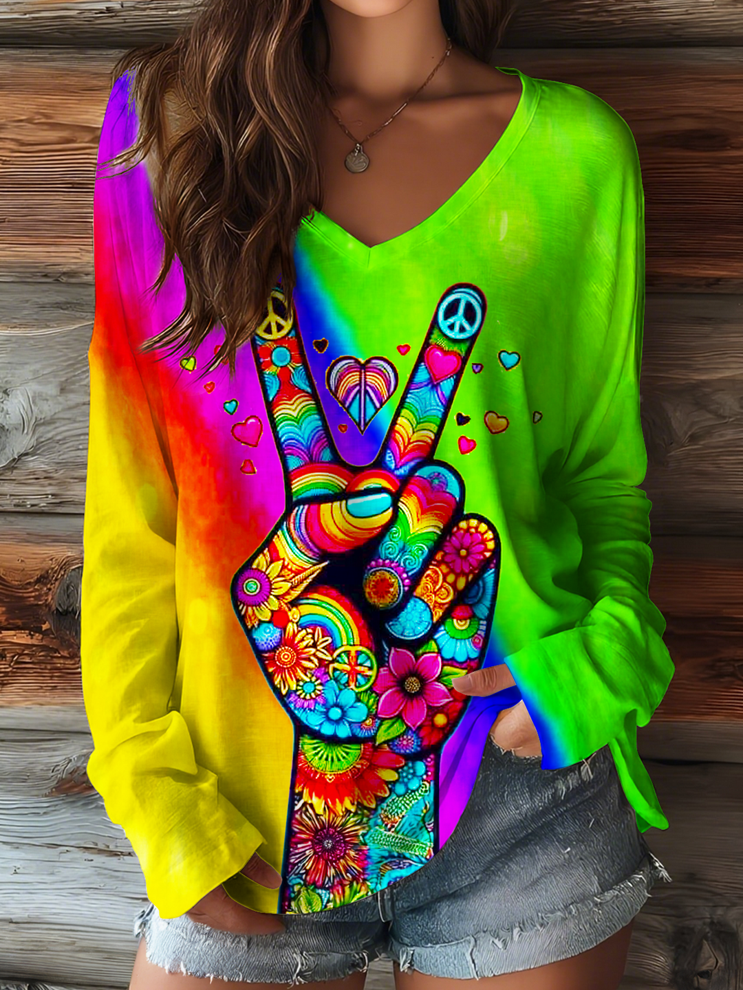 Colorful Rainbow Hippie Peace Hands V-neck Long Sleeve Top