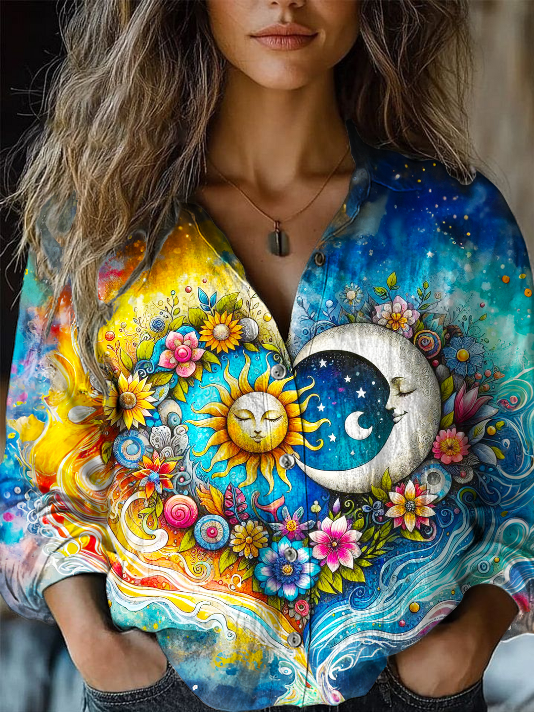 Women's Colorful Hippie Sun And Moon Love Printed Casual Shirt