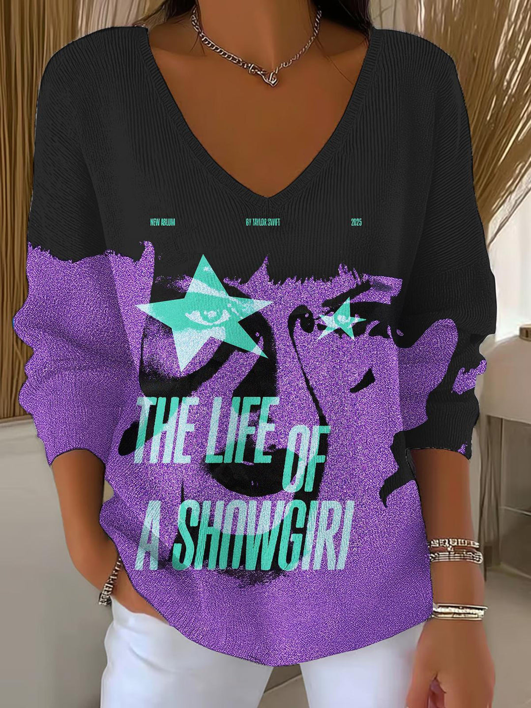 The Life of a Showgirl Casual V Neck Pullover Sweater