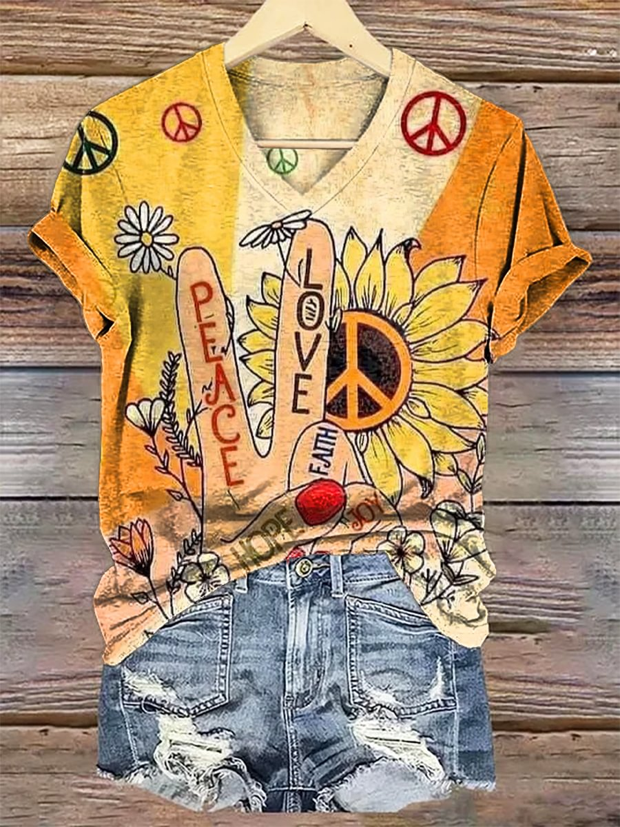 Vintage Hippie Love and Peace Art V-neck T-Shirt