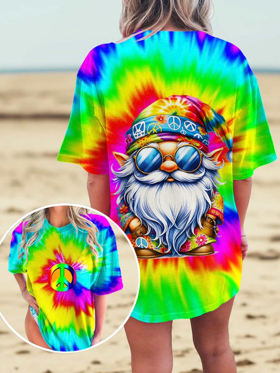 Colorful Tie-dye Peace Hippie Gnome Art Crew Neck T-shirt