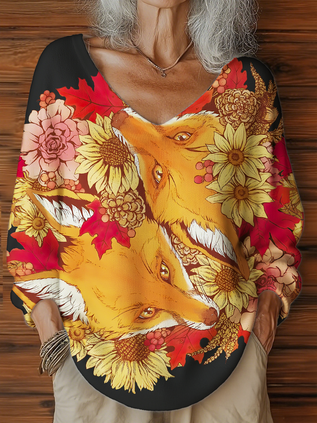 Autumn Fox Bloom Casual V Neck Pullover Sweater