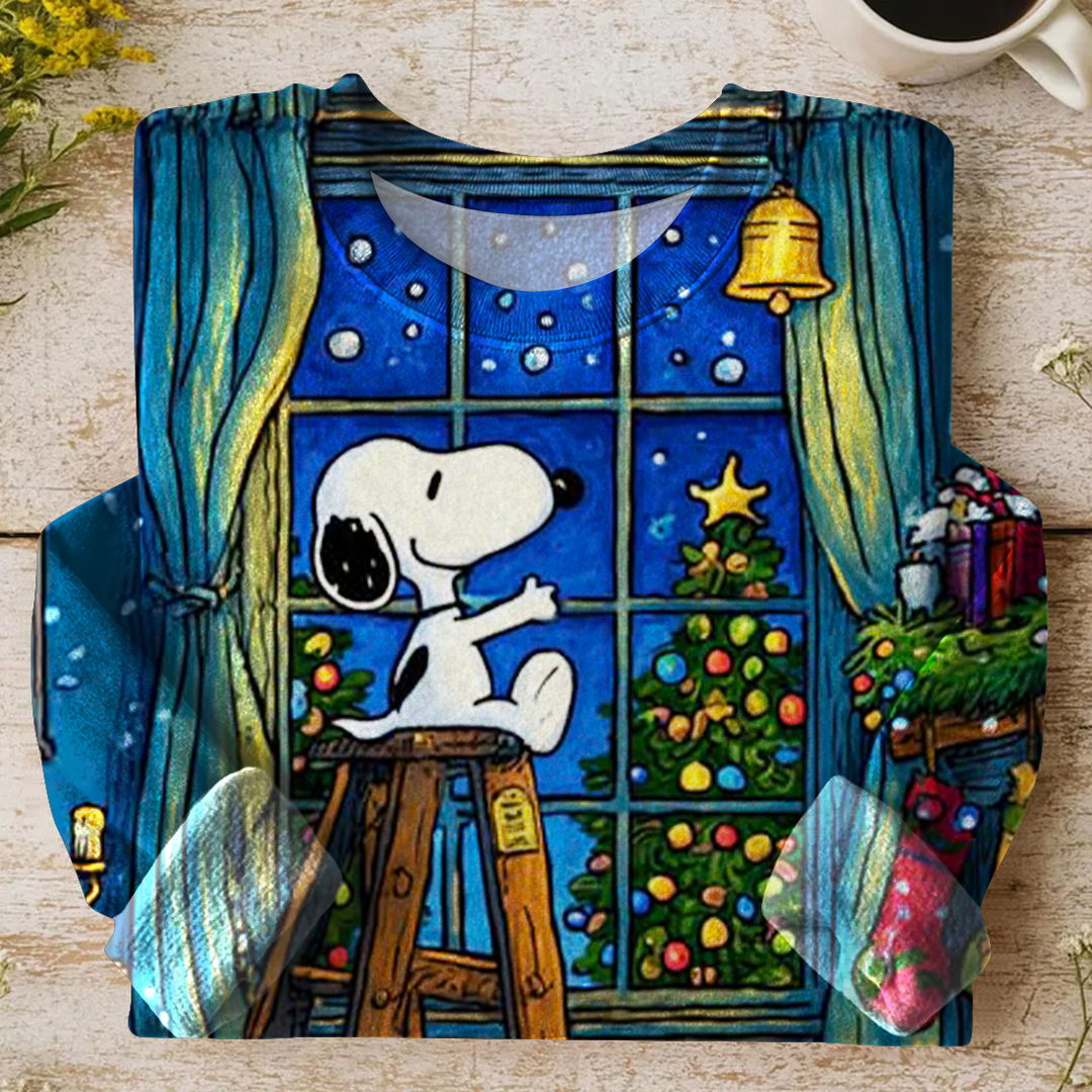 Fun Christmas Eve Snoopy Printed Long Sleeve Casual Top