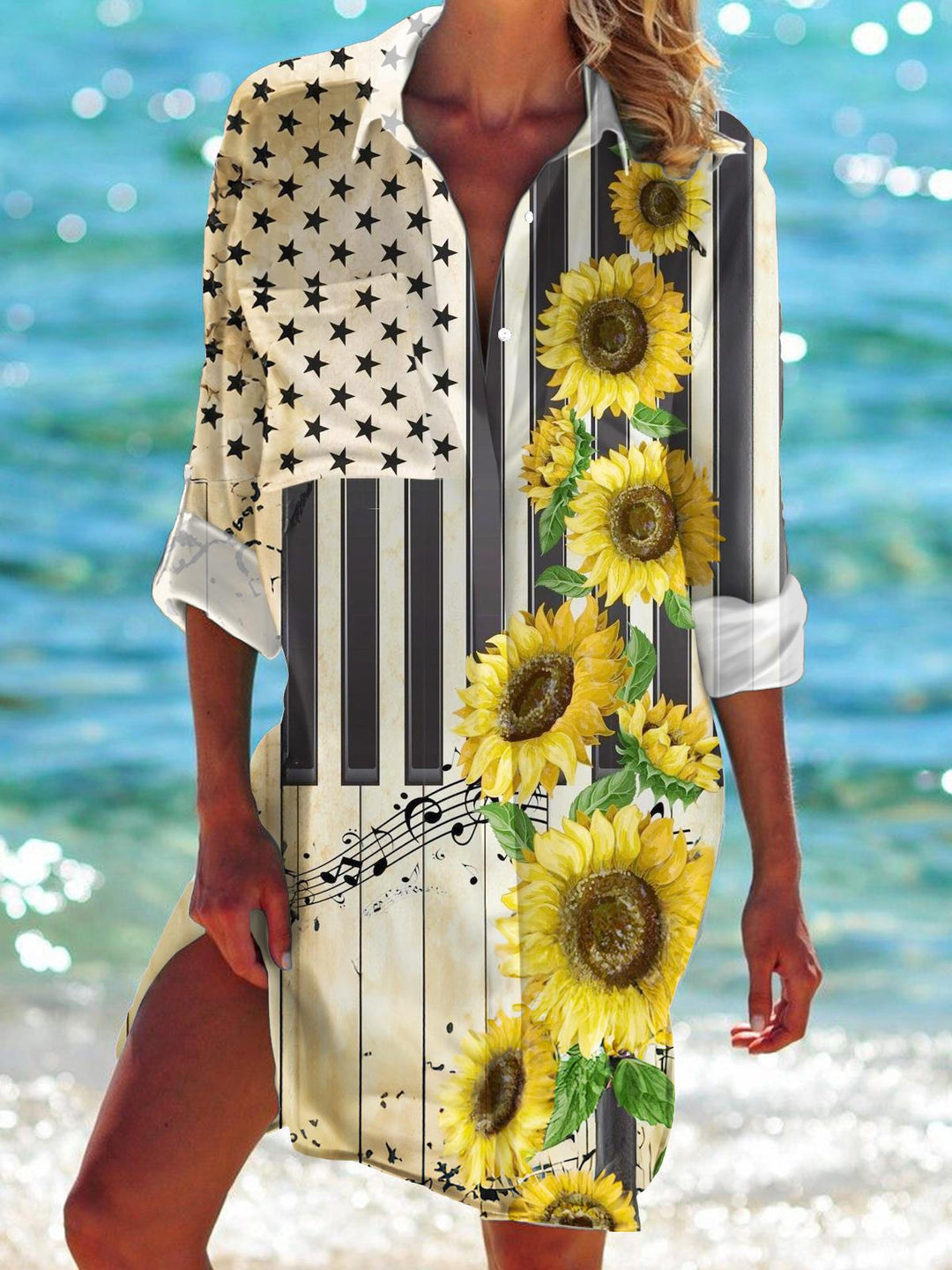 Flag Sunflower Independence Day Printed Casual Beach Dress