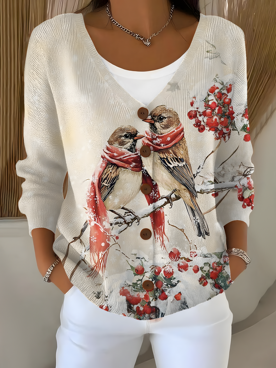 Cardinal Bird In Winter Snow Forest Print Button V-neck Cardigan Sweater