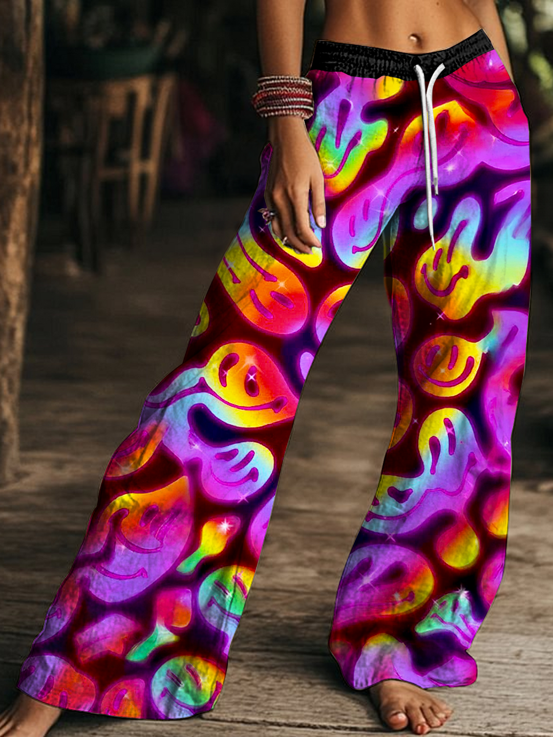Colorful Hippie Smiley Face Art Women's Drawstring Wide-Leg Pants