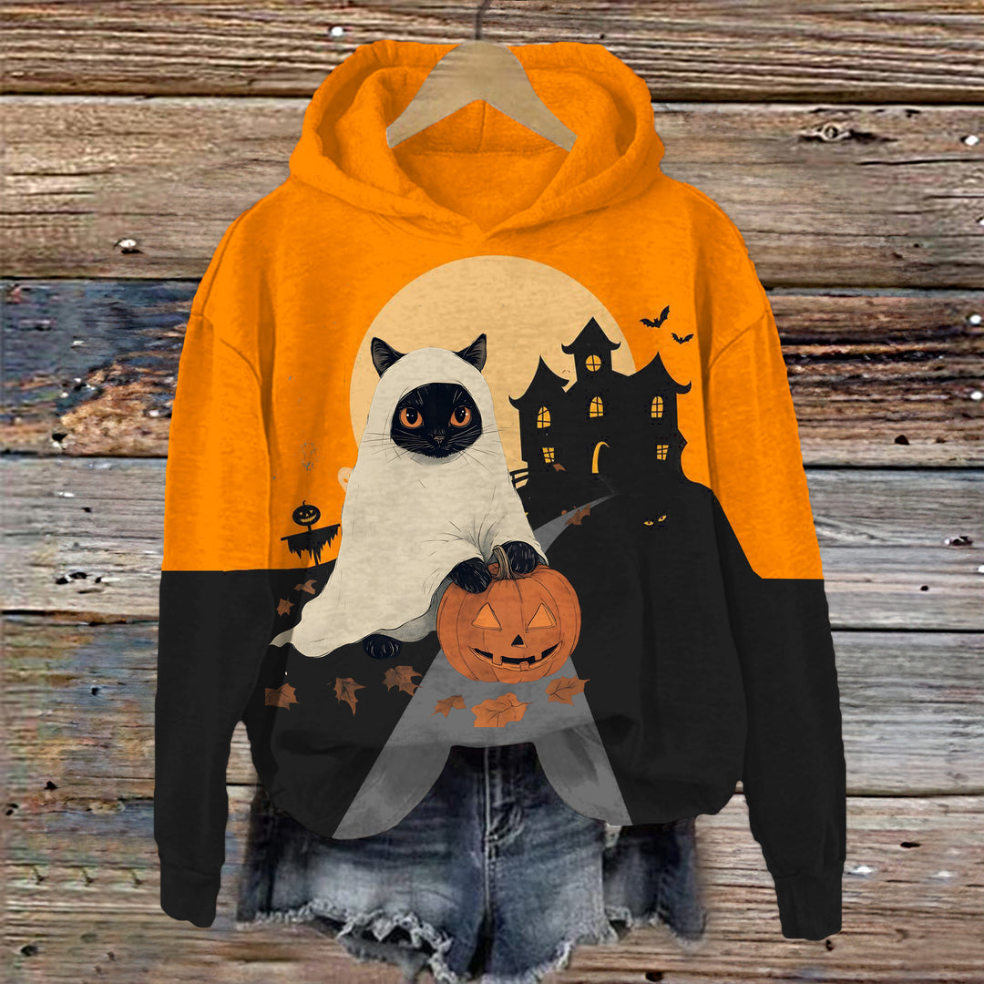 Blocking Pumpkin Road Long Sleeve Printed Hoodie