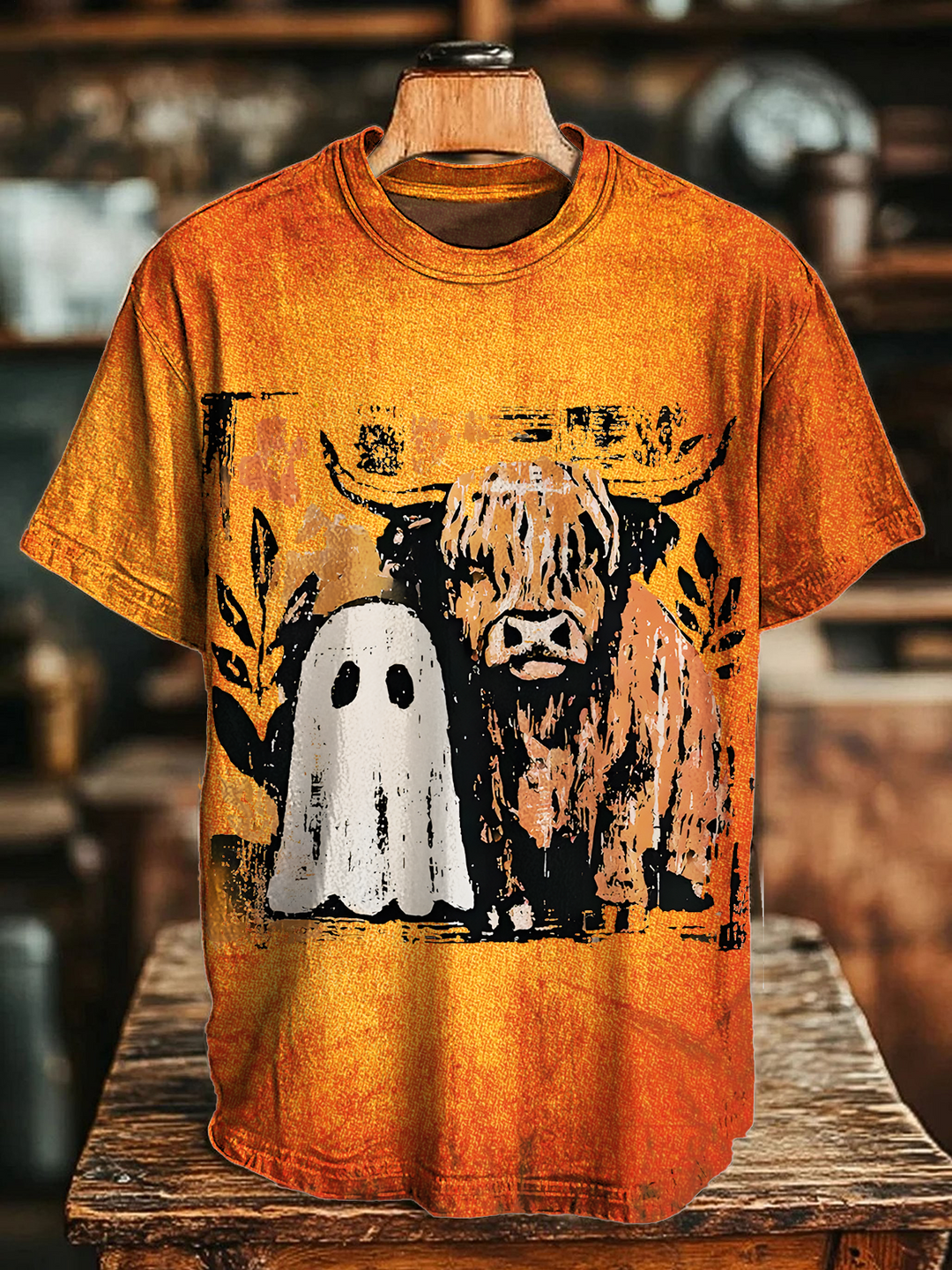Cute Fall Highland Cow Ghost Crew Neck T-shirt