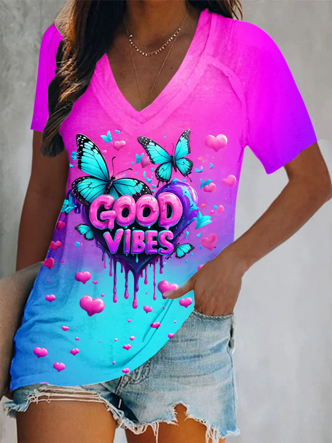 Hippie Love Good Vibes Short Sleeve V Neck Print Top