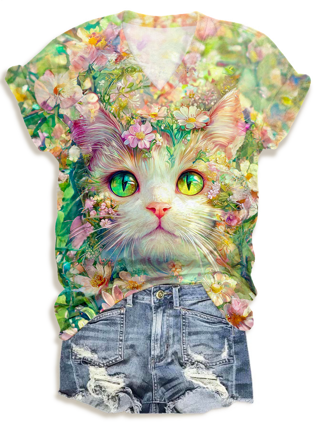 Beauty Nicely Ethereal Floral Cat Art V-neck T-Shirt