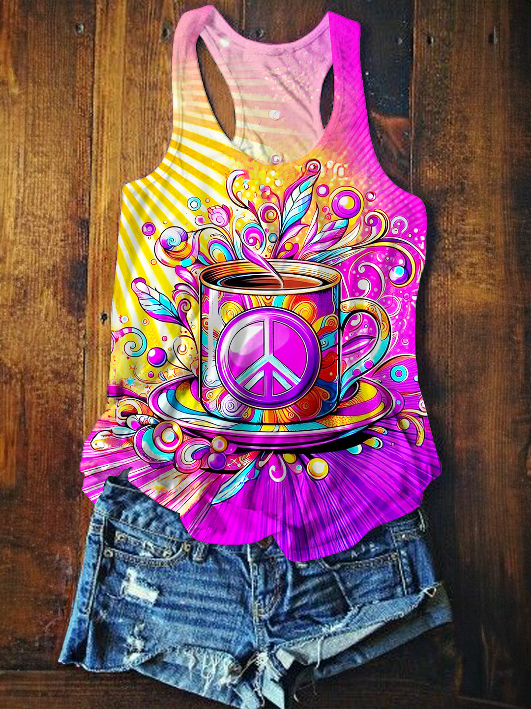 Colorful Hippie Peace Coffee Art Printed Casual Tank Top