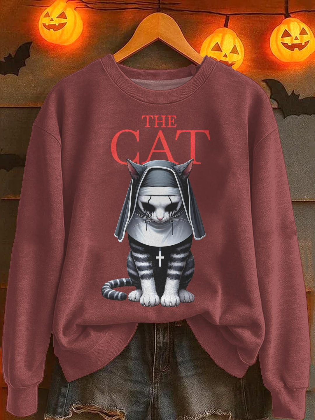 Halloween Nun Kitten Printed Long Sleeve Casual Top