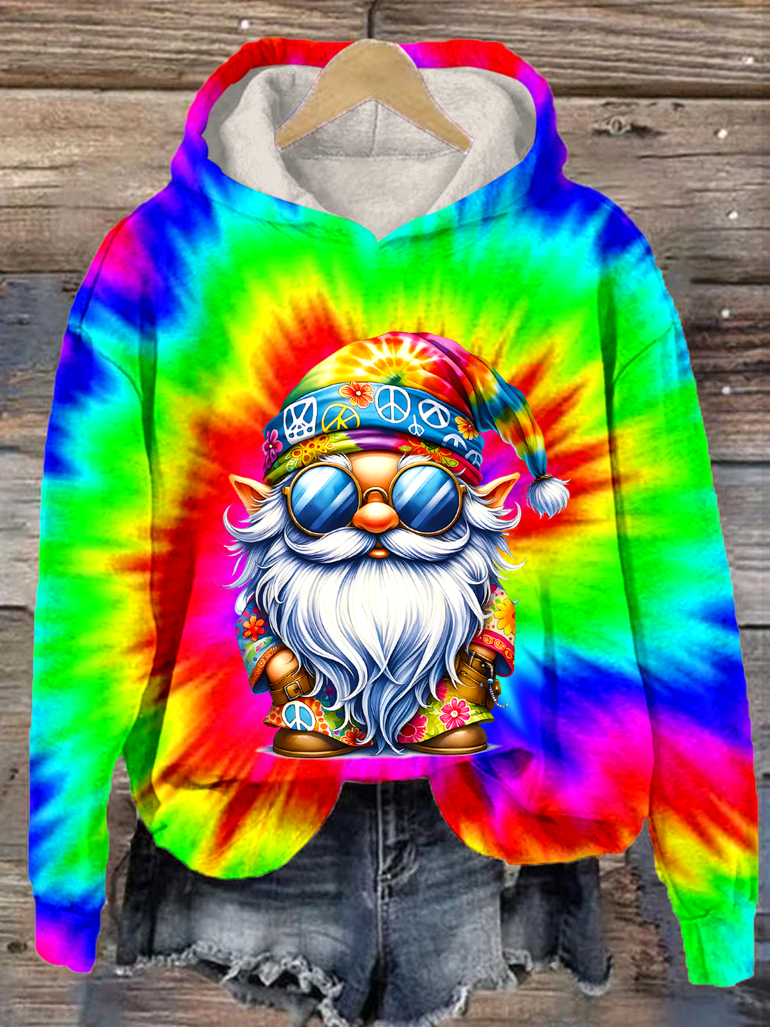 Colorful Tie Dye Hippie Peace Gnome Long Sleeve Printed Hoodie