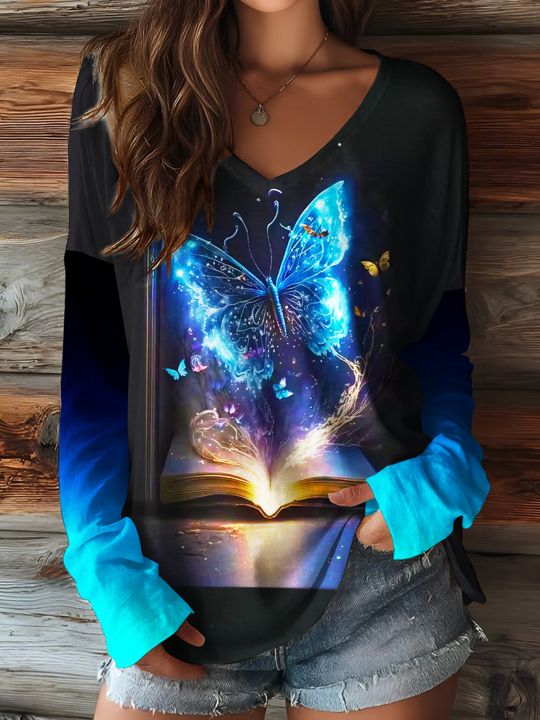 Hippie Diamond Book Pile Butterfly V-neck Long Sleeve Top