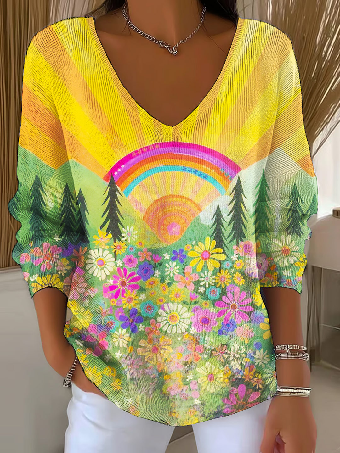 Colorful Hippie Sun Flower Casual V Neck Pullover Sweater