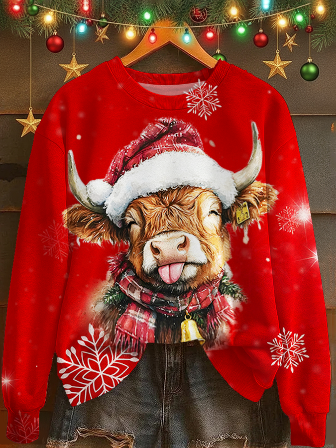 Christmas Highland Cow Printed Long Sleeve Casual Top