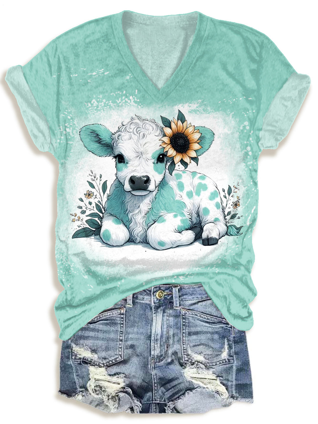 Vintage Sunflower Highland Cow V-neck T-Shirt