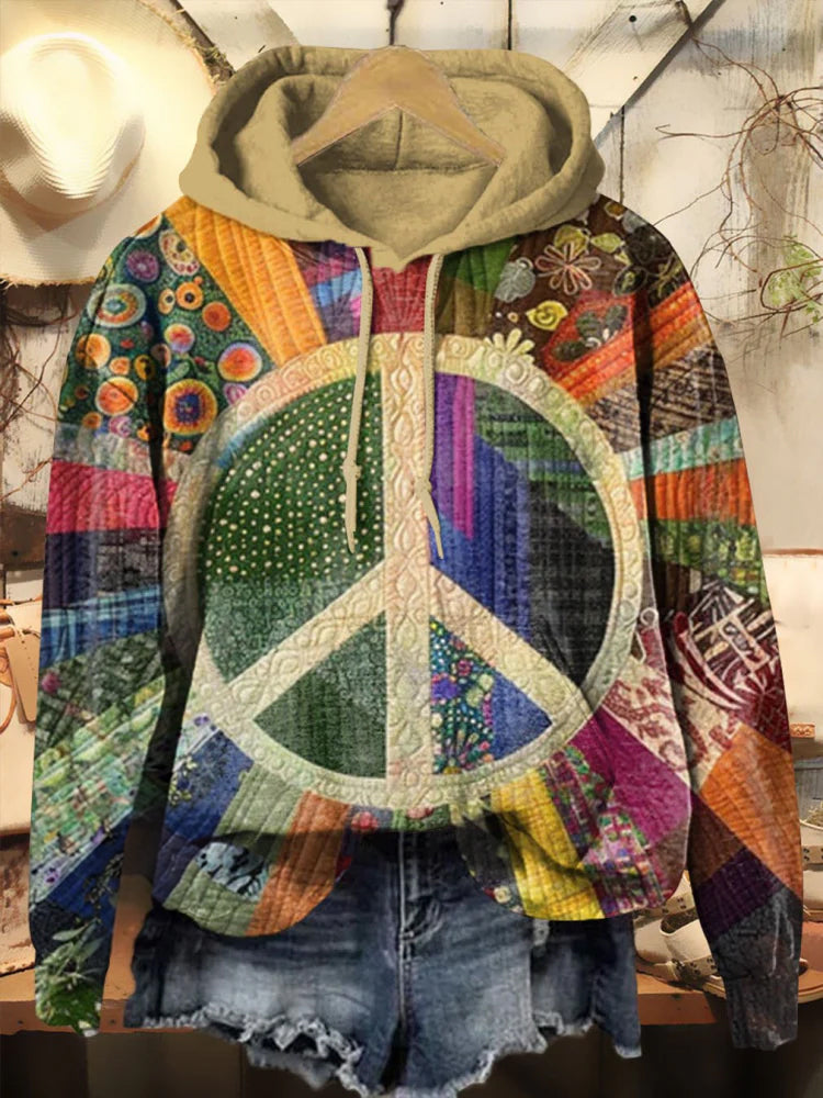 Retro Bohemian Hippie Peace Sign Long Sleeve Printed Hoodie