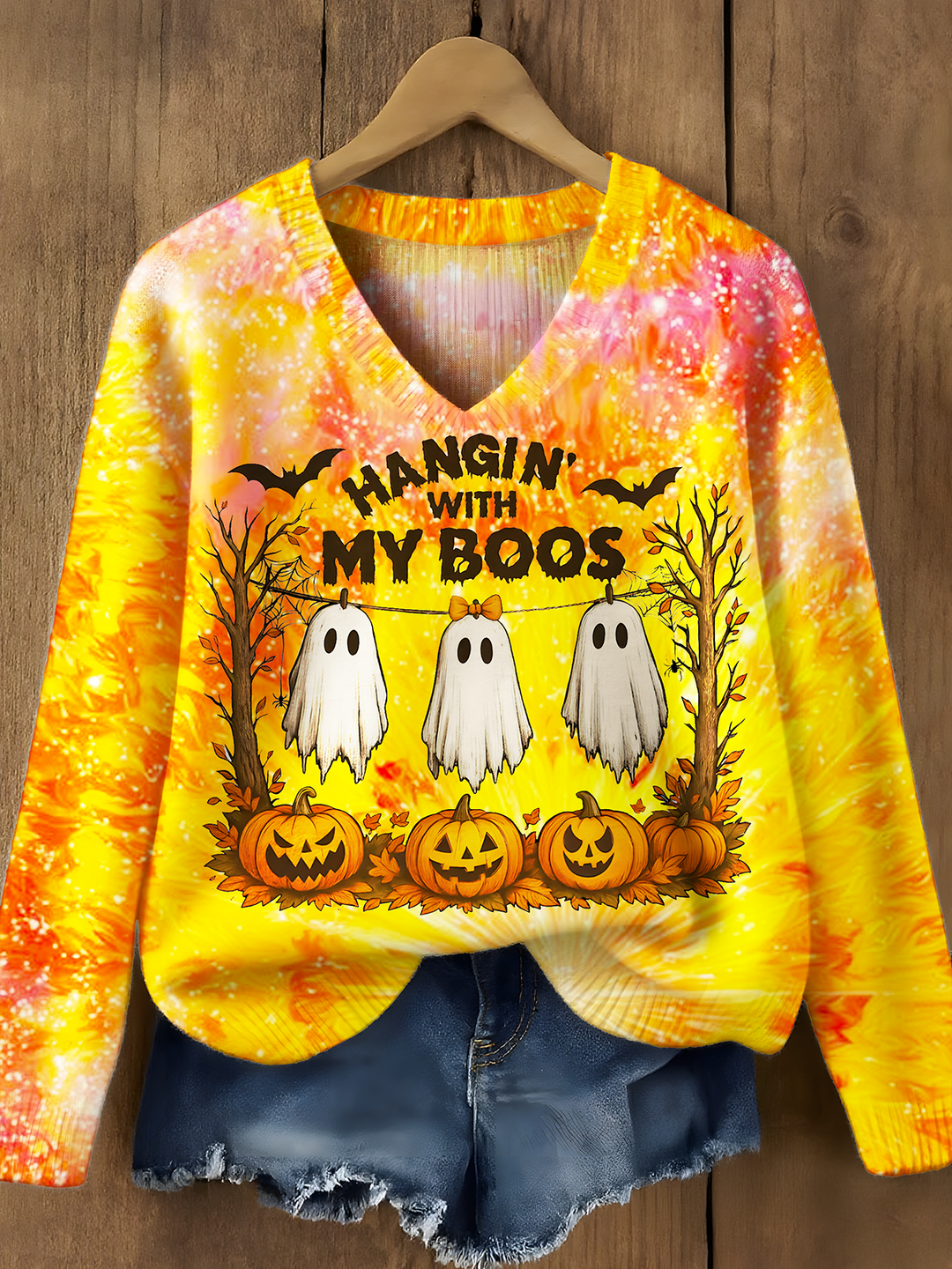 Funny Hanging Ghosts Halloween Casual V Neck Pullover Sweater