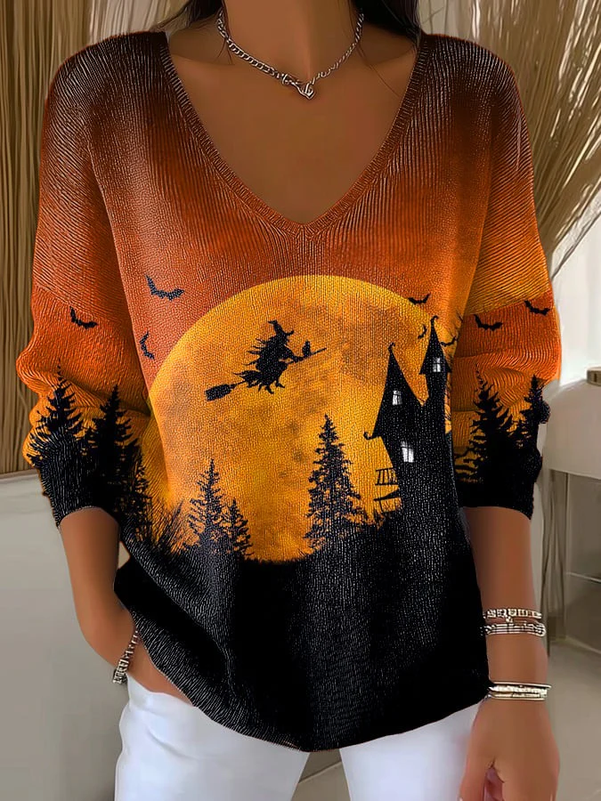Halloween Witch Casual V Neck Pullover Sweater