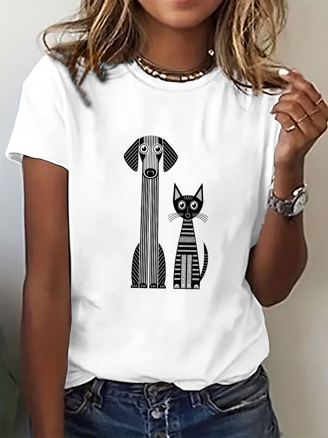 Geometric Art Puppy Cat Crew Neck T-shirt