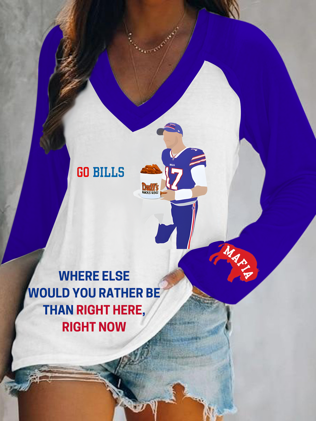 Where Else Would You Rather Be Than Right Here Right Now Buffalo Football Print V-Neck Long Sleeve Top