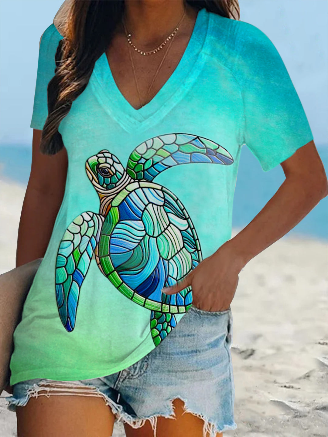 Sea Turtle Short Sleeve V Neck Print Top