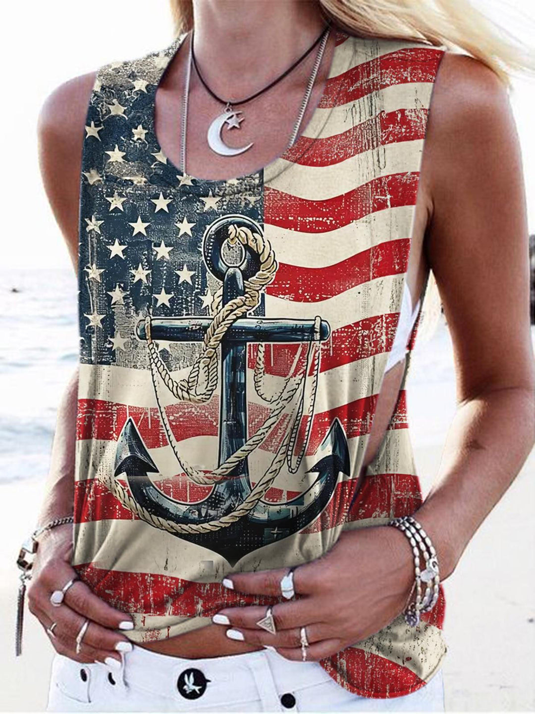 American Flag Anchor Print Casual Tank Top