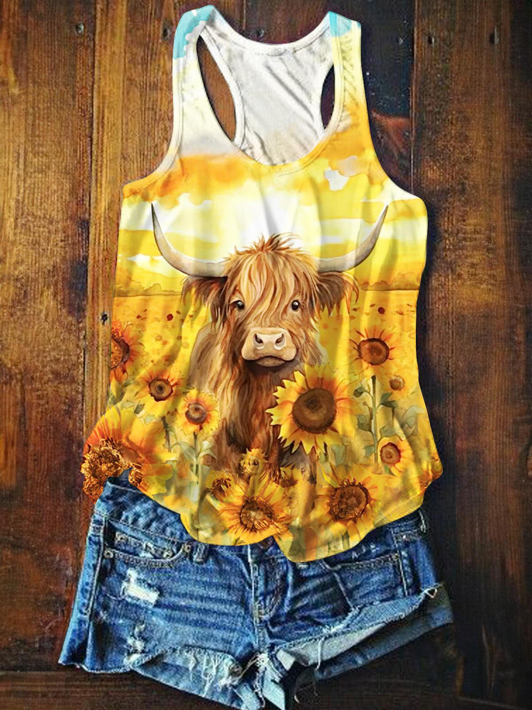 Sunflower Highland Cow Printed Casual Tank Top