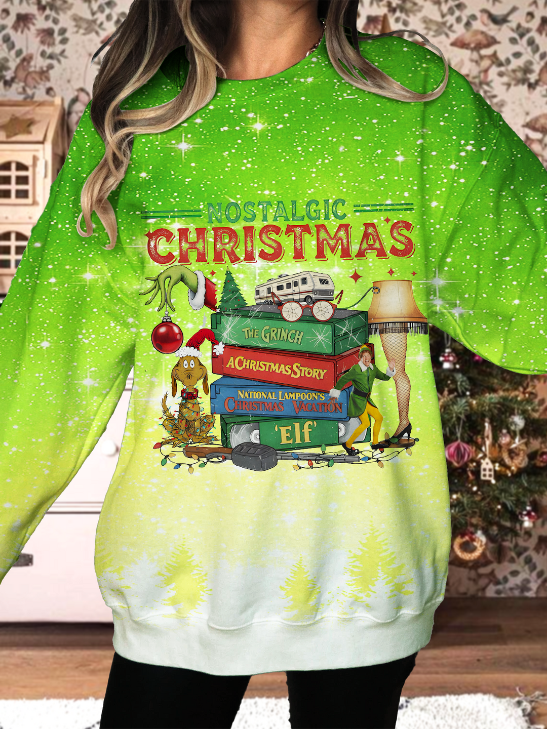 Retro Christmas Characters Printed Long Sleeve Casual Top