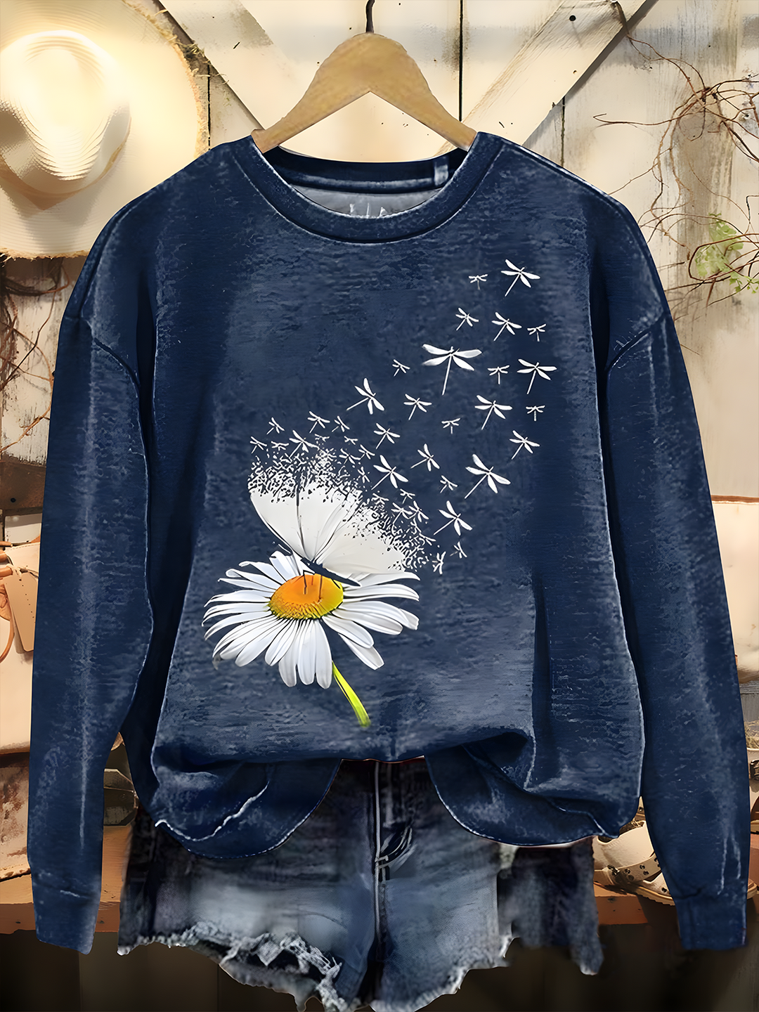 Vintage Hippie Daisy Butterfly Dandelion Art Printed Long Sleeve Casual Top