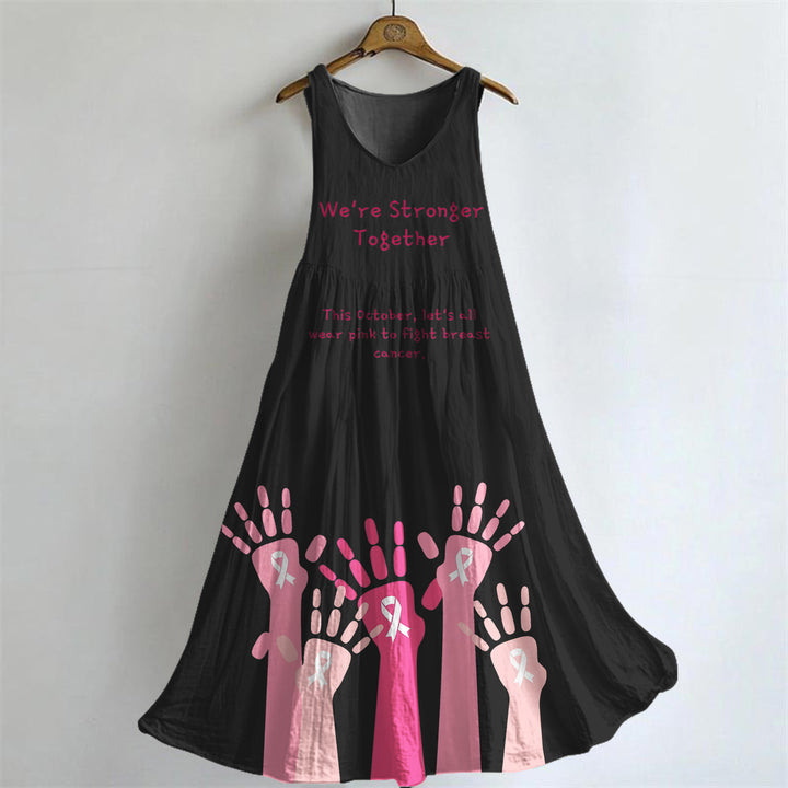 Breast Cancer Awareness Print V-neck Bamboo Linen Sleeveless Dress