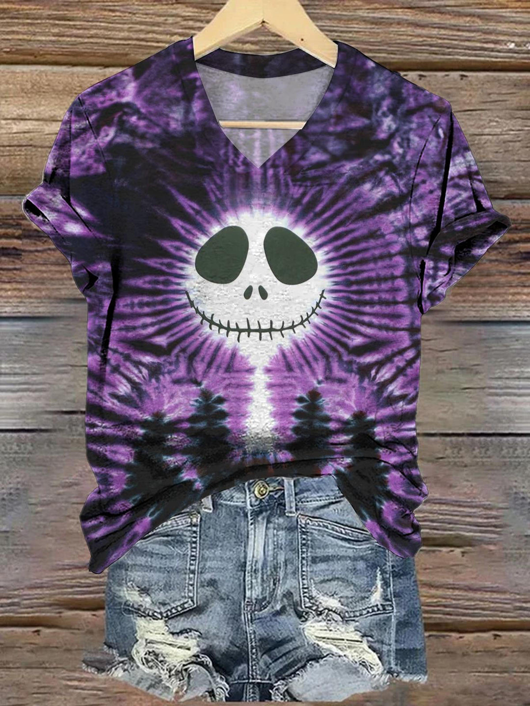 Tie Dye Skeleton V-Neck Halloween T-Shirt