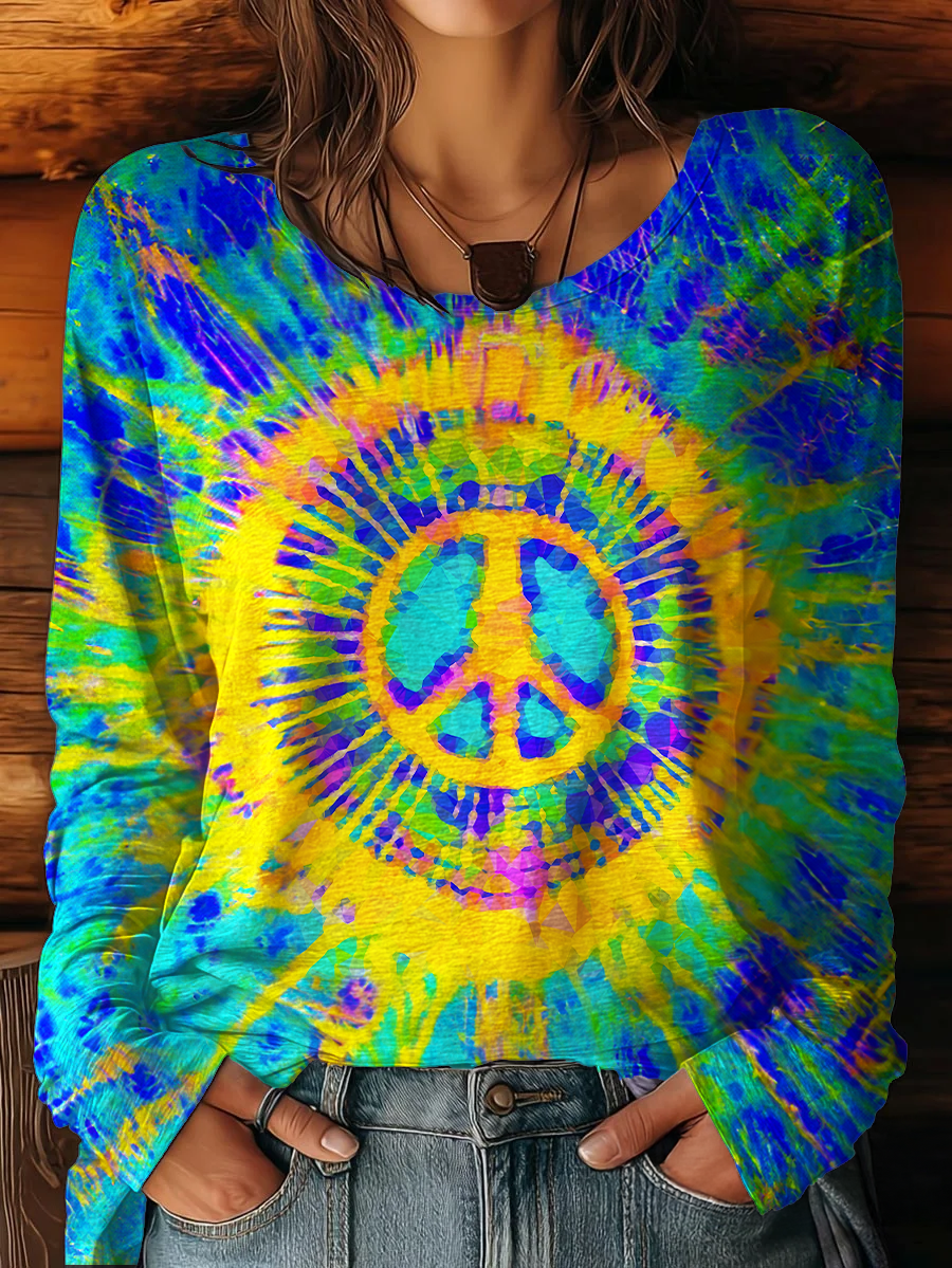 Women's Vintage Tie-Dye Hippie Peace Sign Round Neck Long Sleeve T-shirt