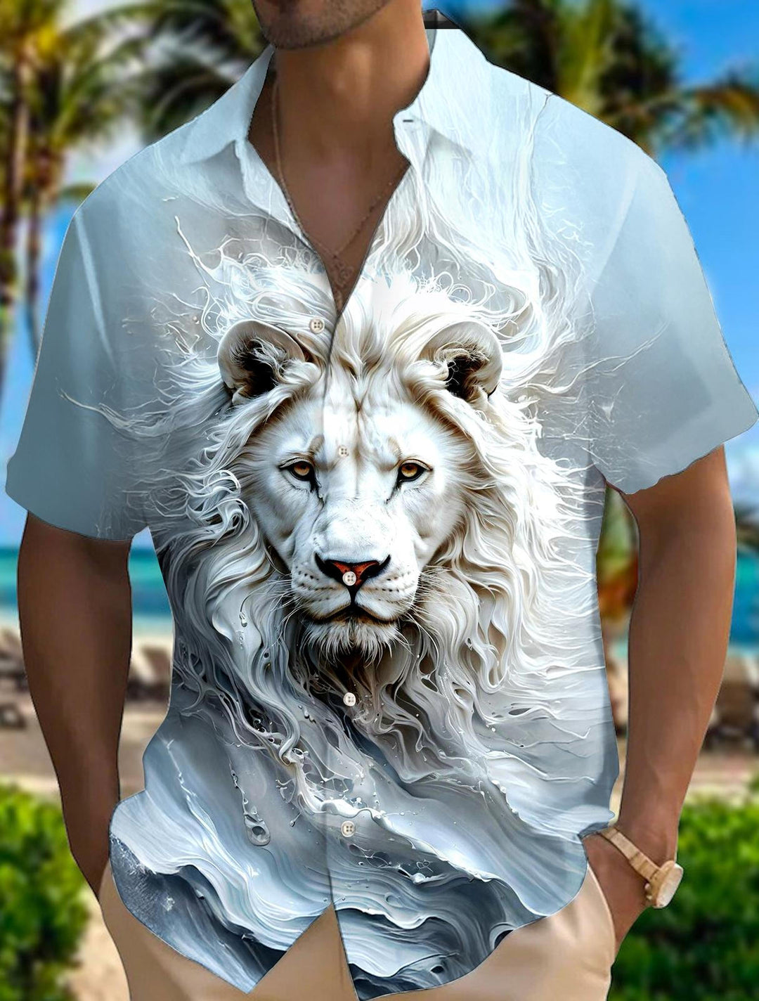 Relief Art Lion Short Sleeve Shirt Collar Men's Shirts
