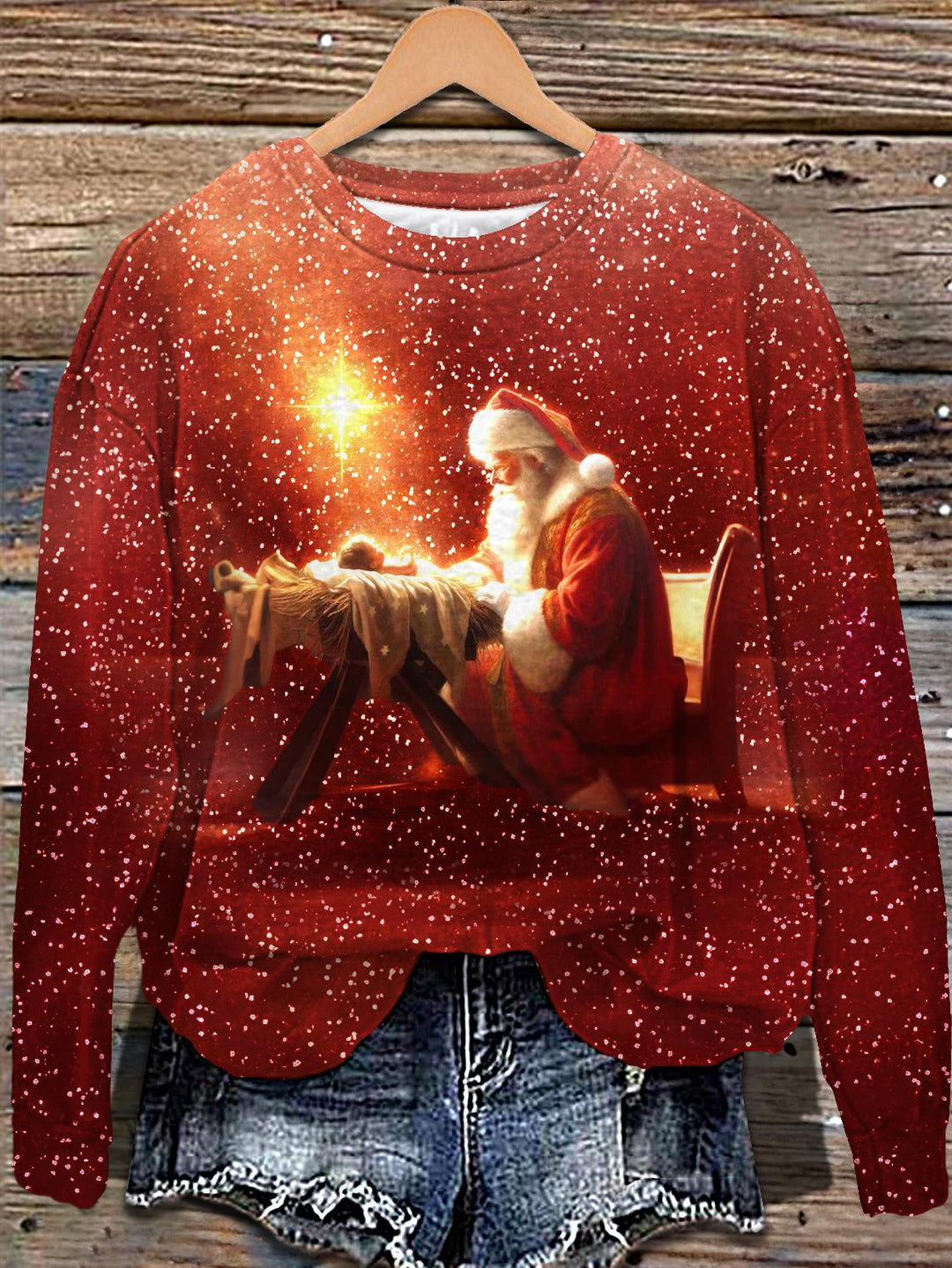 Christmas Santa Claus Jesus Printed Long Sleeve Casual Top