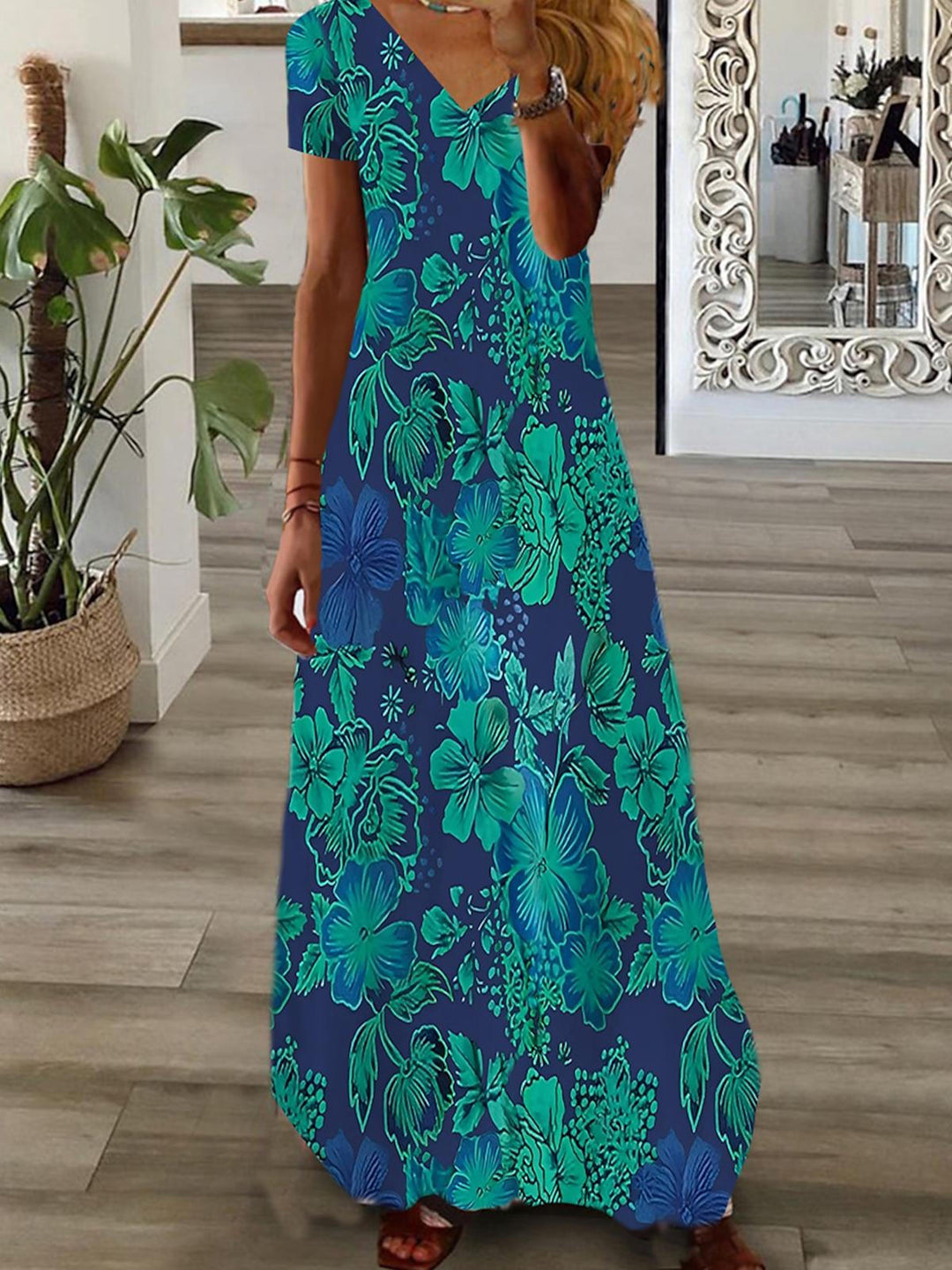 Flower Short Sleeve V Neck Maxi Dress