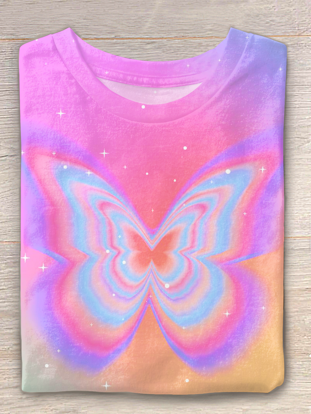 Gradient Glitter Color Butterfly Art Crew Neck T-shirt