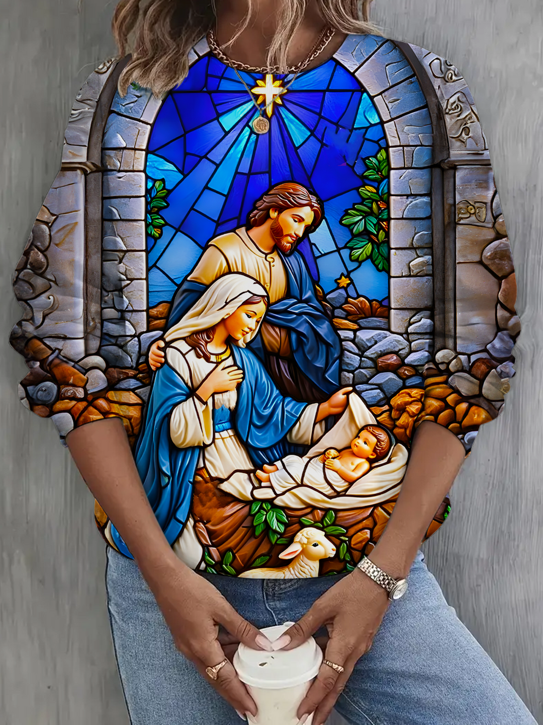 Stained Glass Christmas Jesus Printed Long Sleeve Casual Top