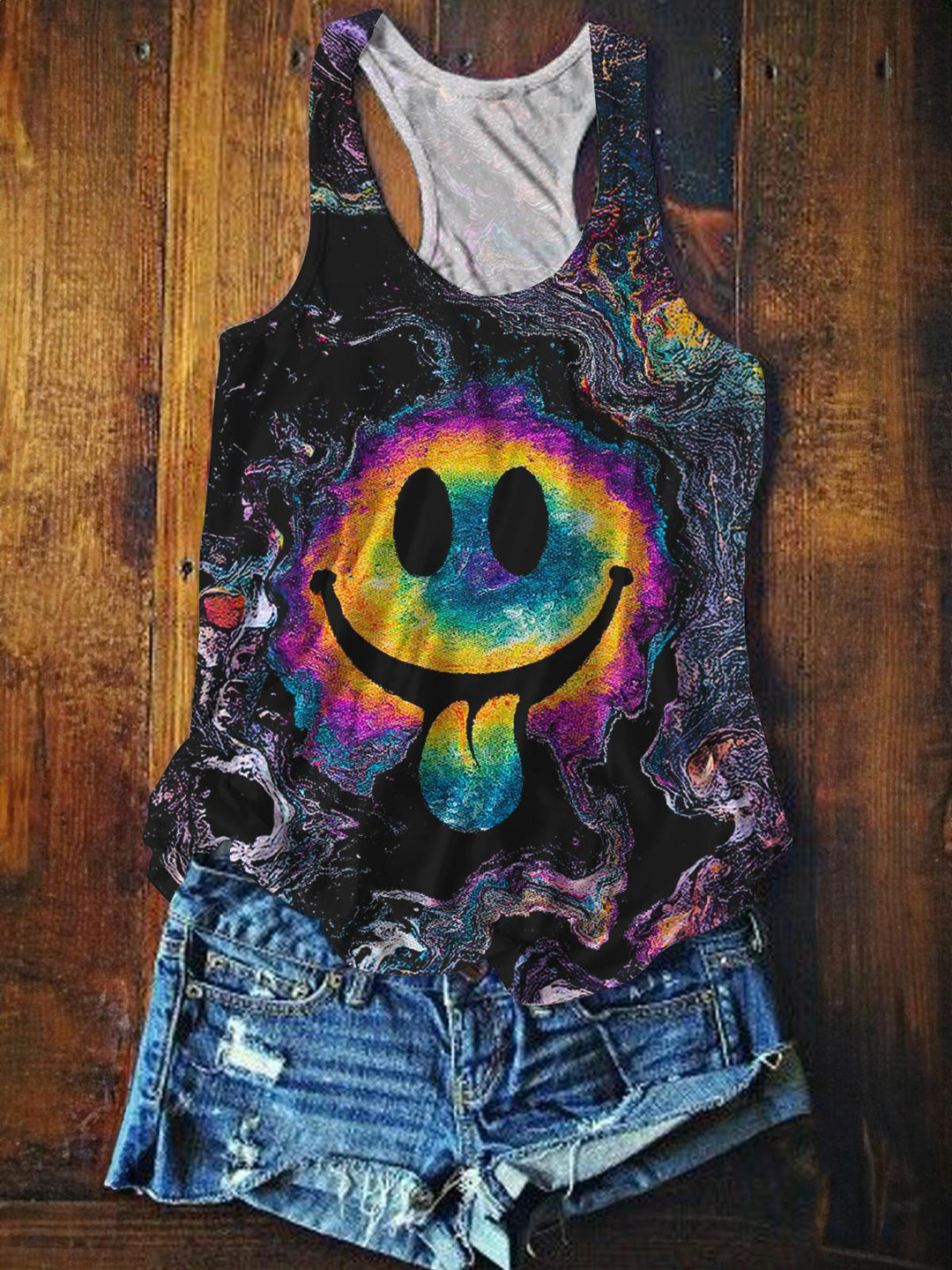Hippie Smiley Face Printed Casual Tank Top