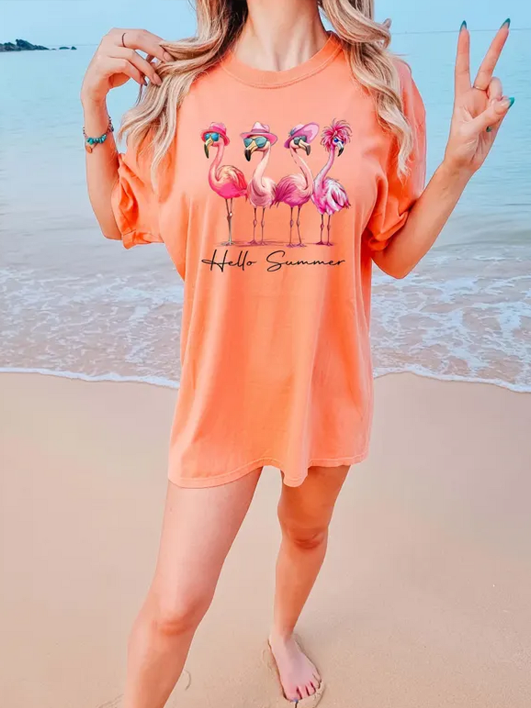 Hello Summer Cute Flamingo Crew Neck T-shirt