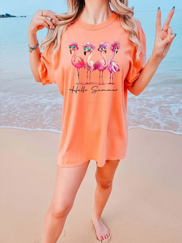 Hello Summer Cute Flamingo Crew Neck T-shirt
