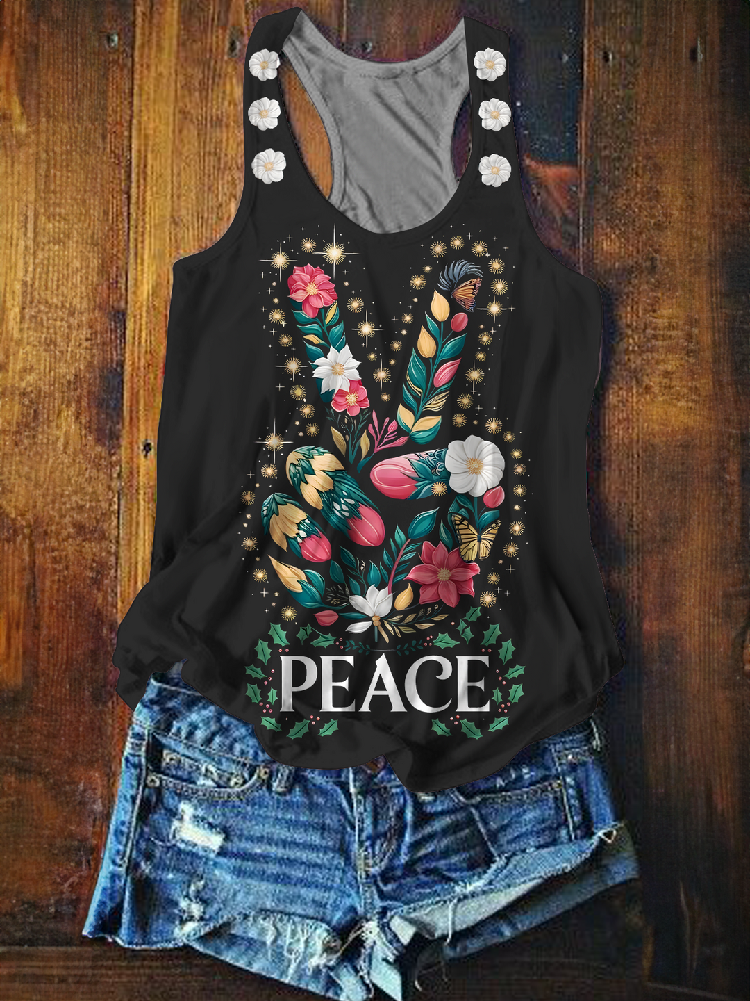 Retro Hippie Floral Peace Hand Printed Casual Tank Top
