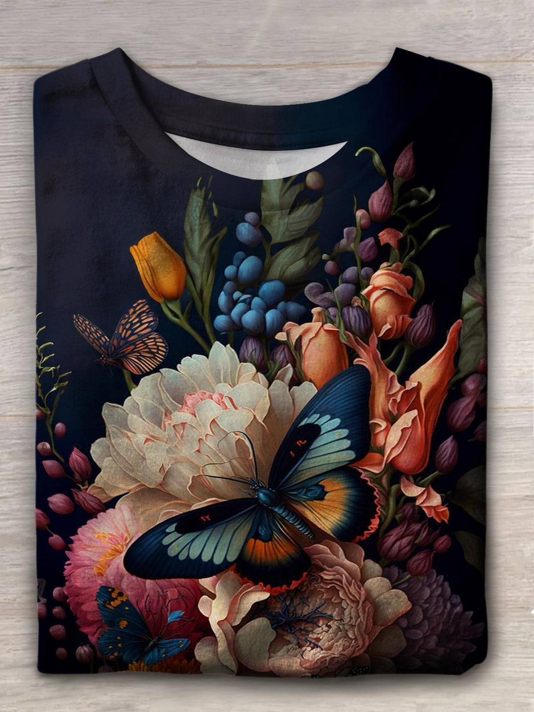 Vintage Floral Butterfly Print Crew Neck T-shirt