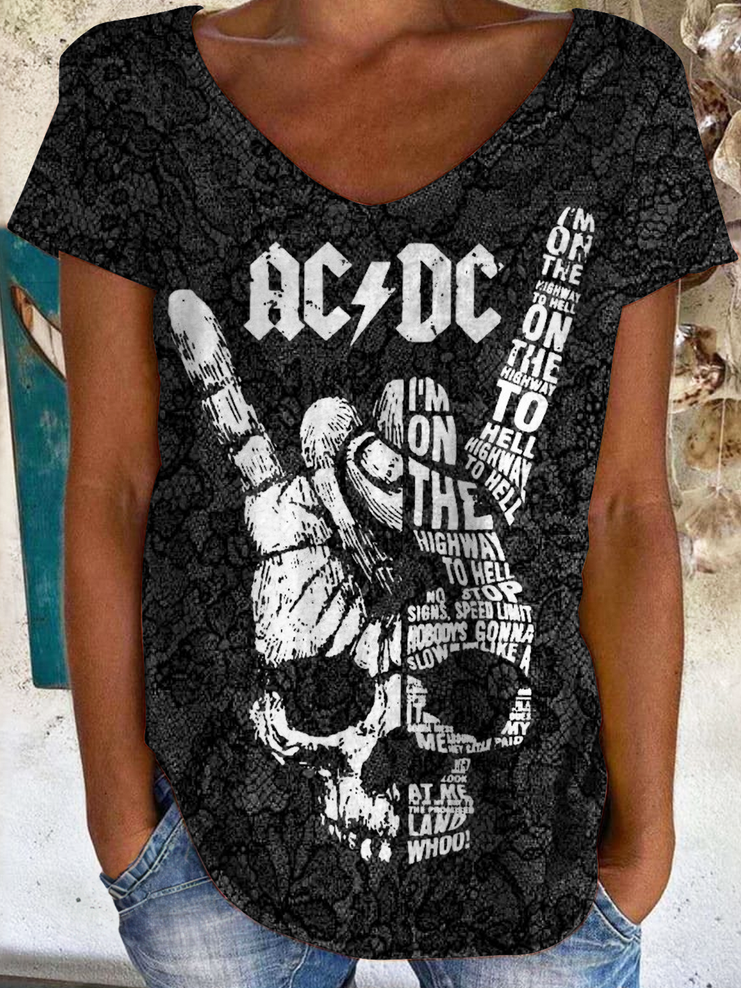 Retro Lace Hippie Rock Skull Art Ladies V Neck Tops