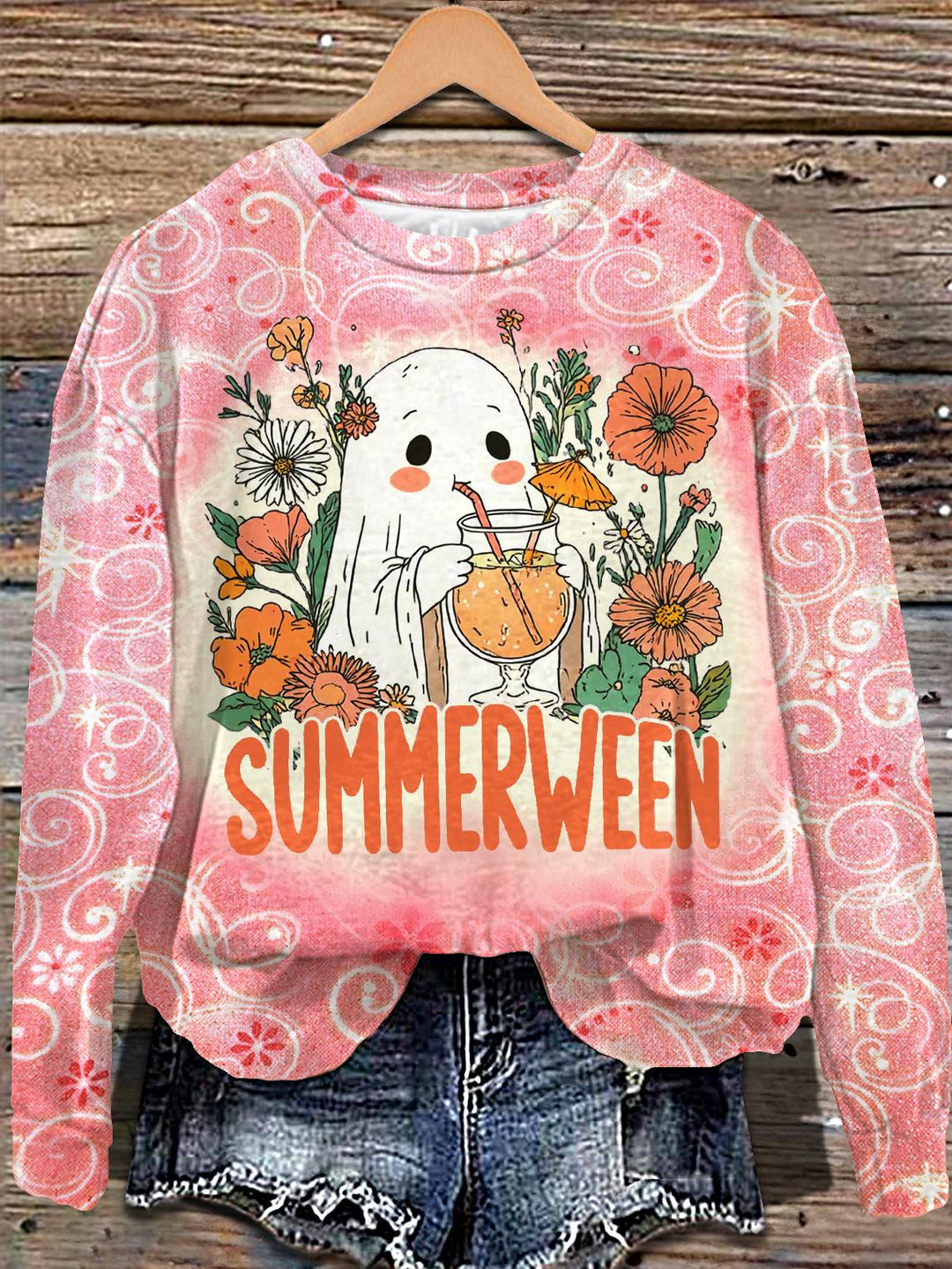 Fall Halloween Ghost Print Long Sleeve Casual Top