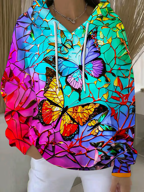 Stained Glass Butterfly Art Loose Fit Hooded Sweatshirt With Pockets
