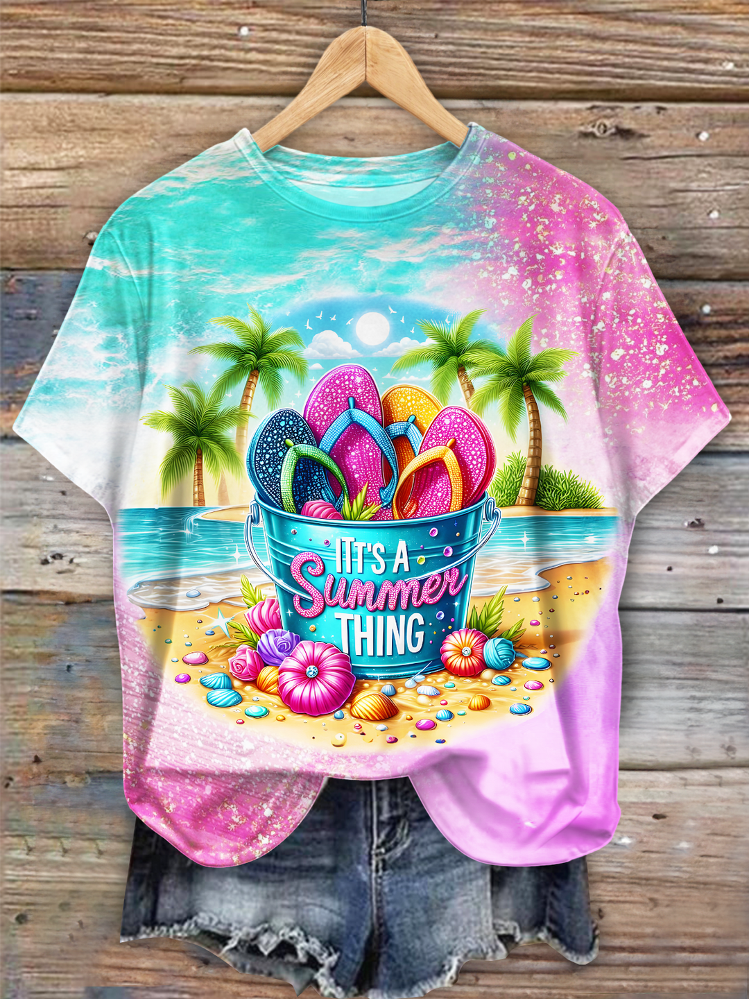 It's A Summer Time Glitter Sequin Flip Flops Art Crew Neck T-shirt